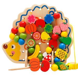 82Pcs Wooden Fruits Vegetables Lacing Stringing Beads Toys with Hedgehog Board Montessori Educational Toy for Kids Children Gift